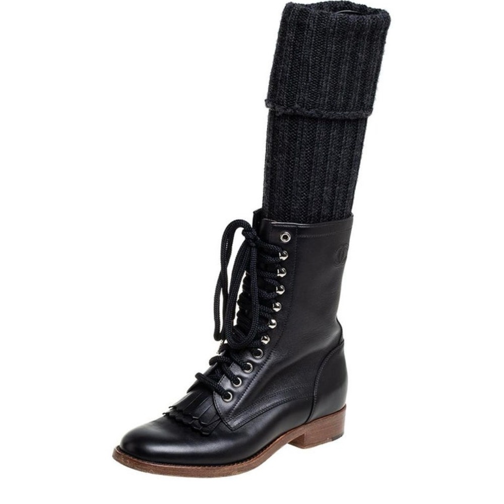 Chanel combat lace up knit sock boots size 38 - Picture 2 of 16